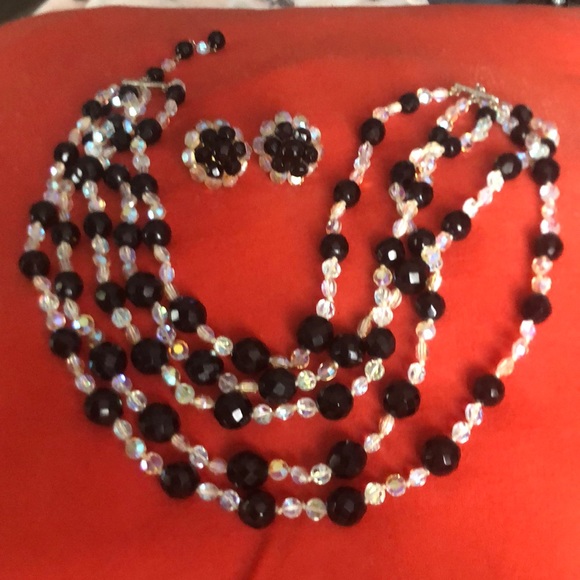 Vintage 16 inch iridescent clear & black bead necklace and Vogue ClipOn Earrings